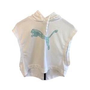 Puma Womens Sleeveless Hoodie White Teal Graphic Logo Crop Top Sweatshirt Small